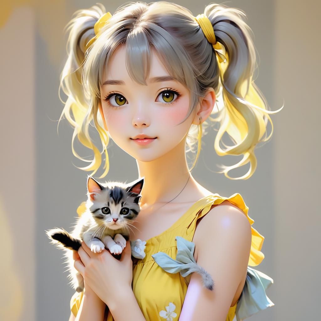 Girl with a kitten by artist "anime", Anime Key Visual, Japa...