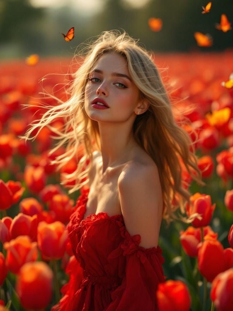 Woman in Red Dress in Tulip Field, Cinematic Style