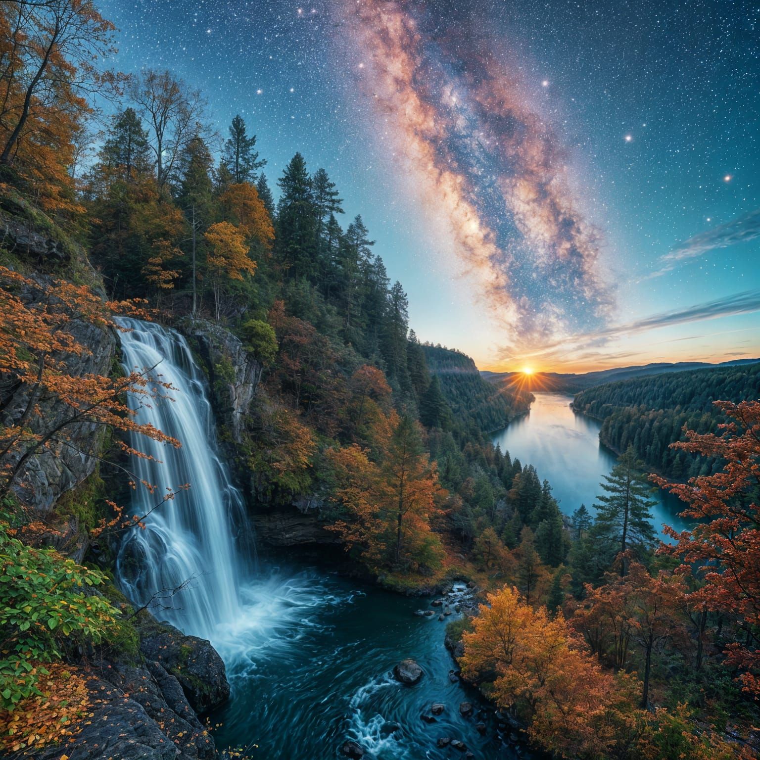 Whimsical Autumn Forest Meets Stardust Galaxy Waterfall