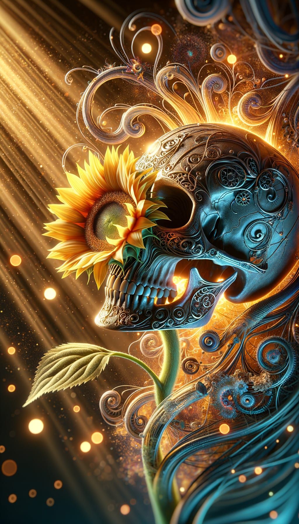 Surreal Sunflower Growing From Ornate Skull