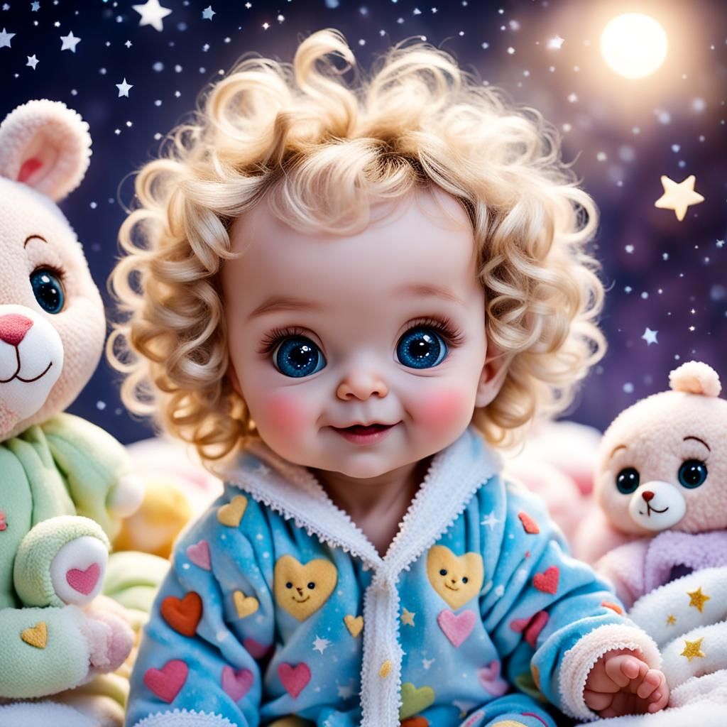 Adorable Baby Girl with Stuffed Animals in Gouache Style