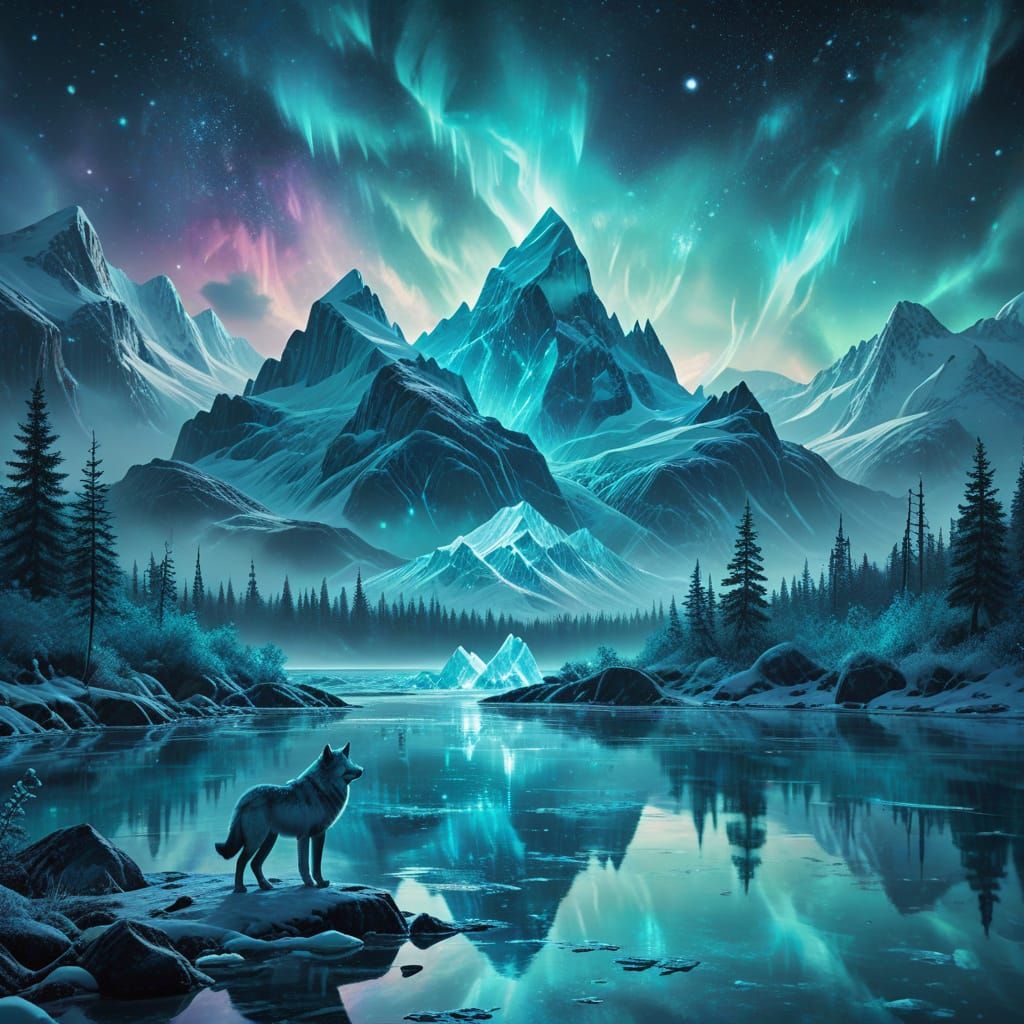 Arctic Fantasy Realm with Spirit Wolf and Aurora
