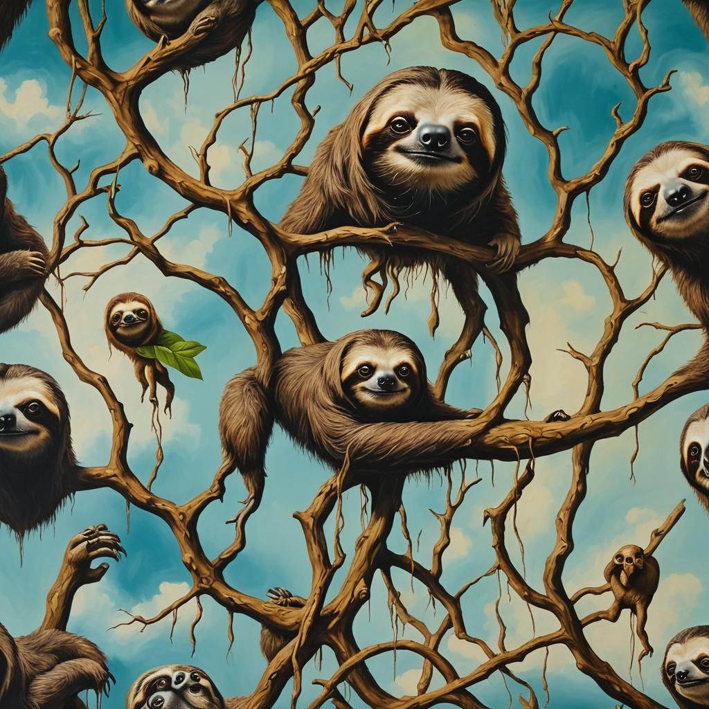 Surreal Sloths in Melting Landscape: Dali-esque Oil Painting