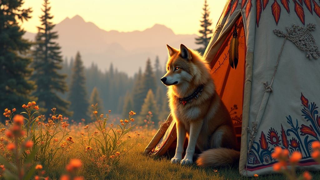 Majestic Golden Wolf in Vibrant Native American Landscape