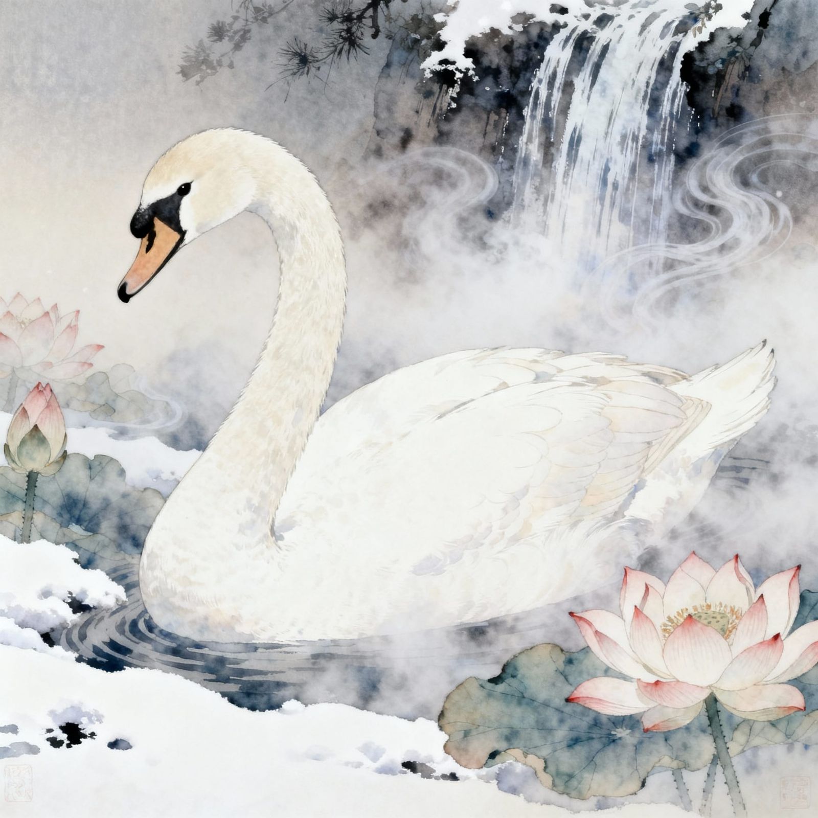 White Swan in Muted Isolation Dreamscape Watercolour