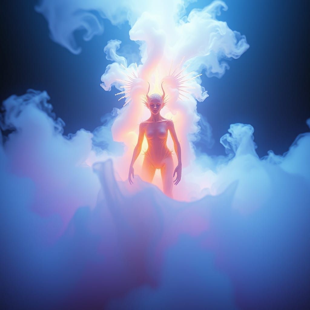 Surreal Dreamlike Scene with Glowing Entity in Biomechanical...