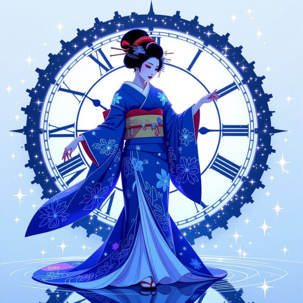 Bioluminescent Geisha Dances Among Stardust and Clockwork