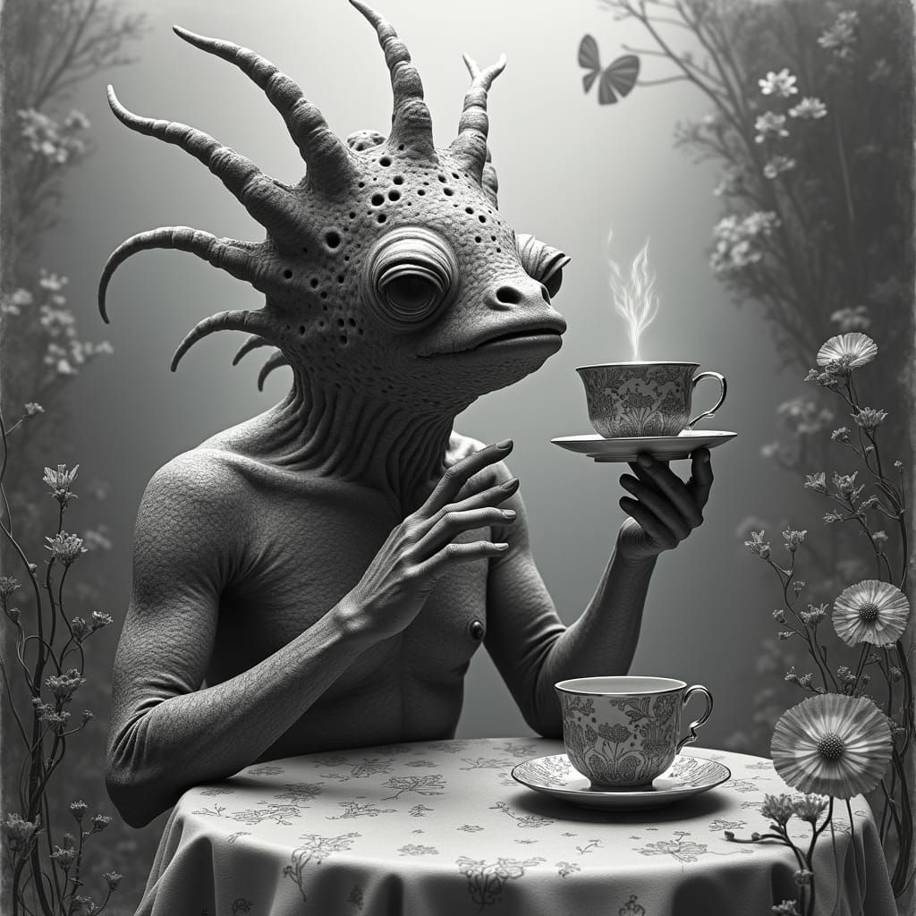 Jaekelopterus' Cute Tea Party: A Charcoal Drawing