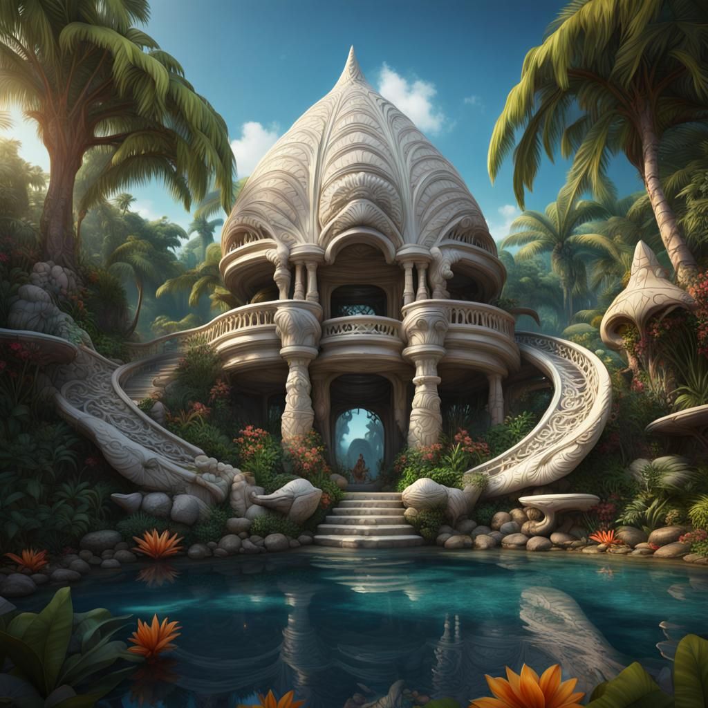 Seashell Architecture in Tropical Jungle, Matte Painting