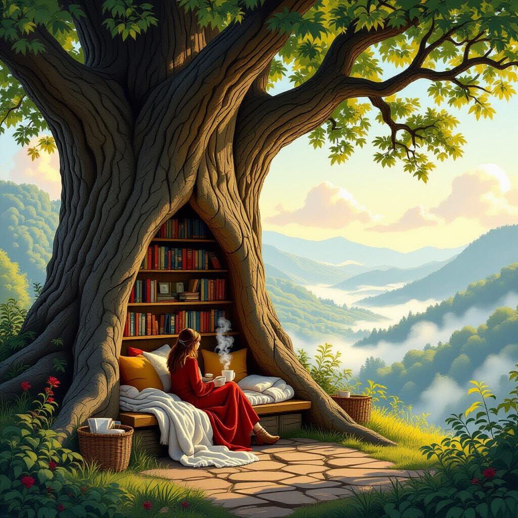 Cozy Tree Reading Nook Overlooking Misty Valley