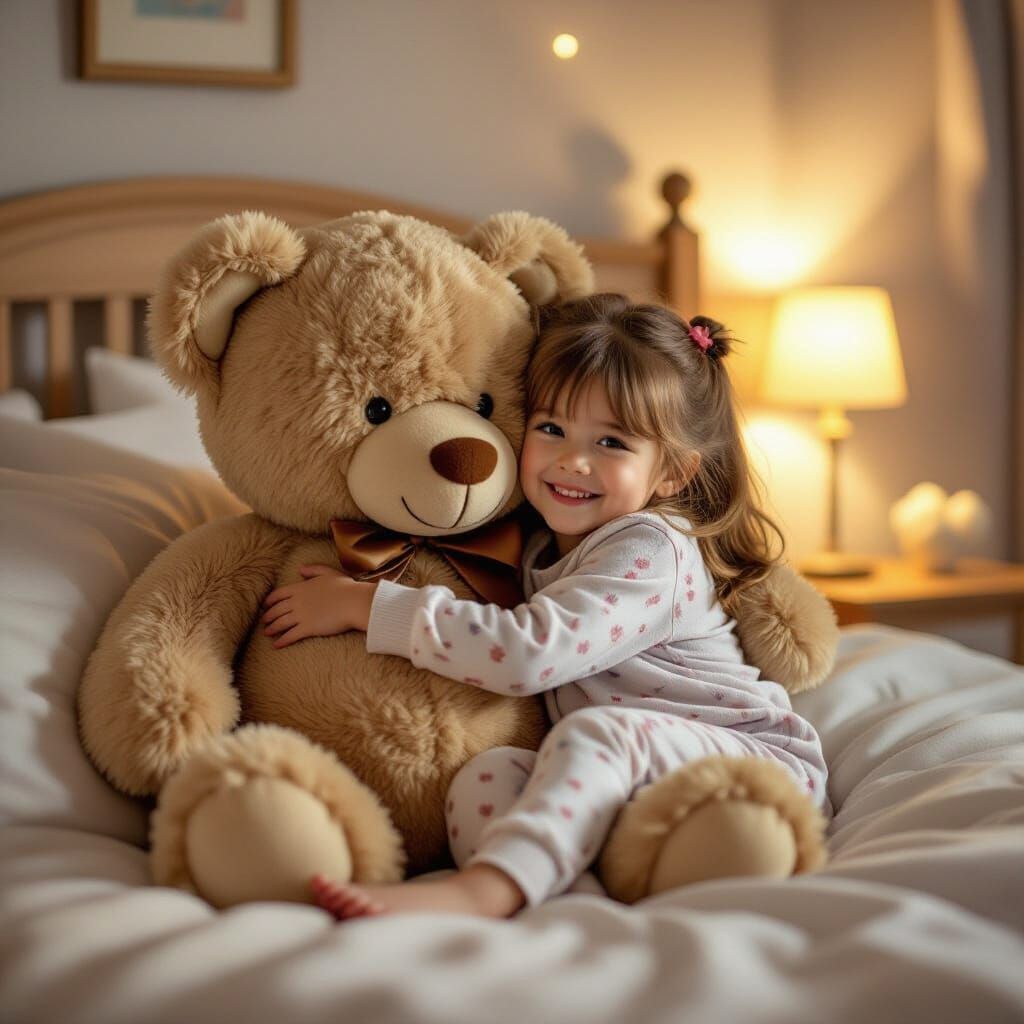 Girl and Teddy Bear Hug, Dreamy Impressionist Style