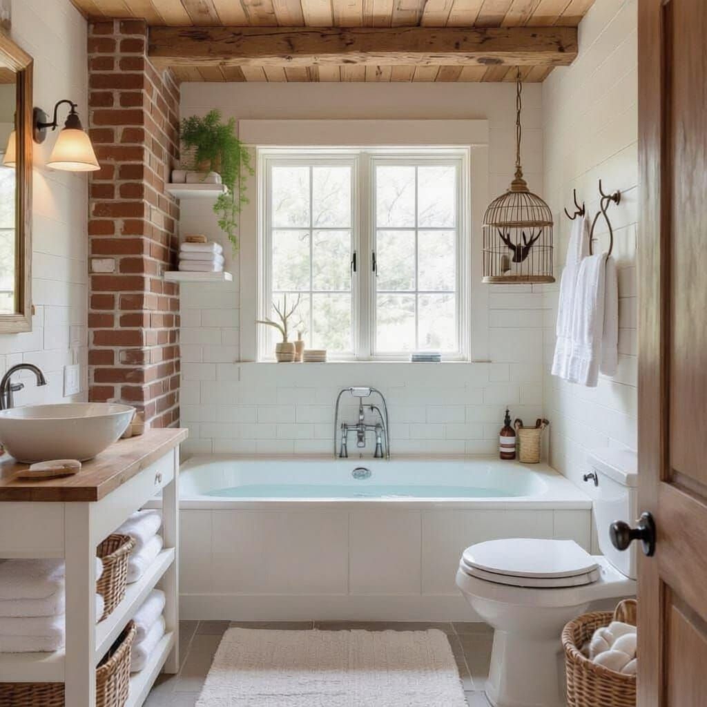 Cozy Cottage Bathroom with Brick Chimney and Natural Light