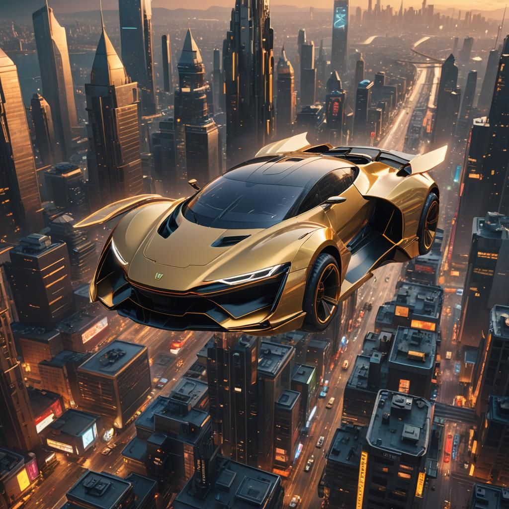 Sleek Fly Car Over Futuristic Cityscape