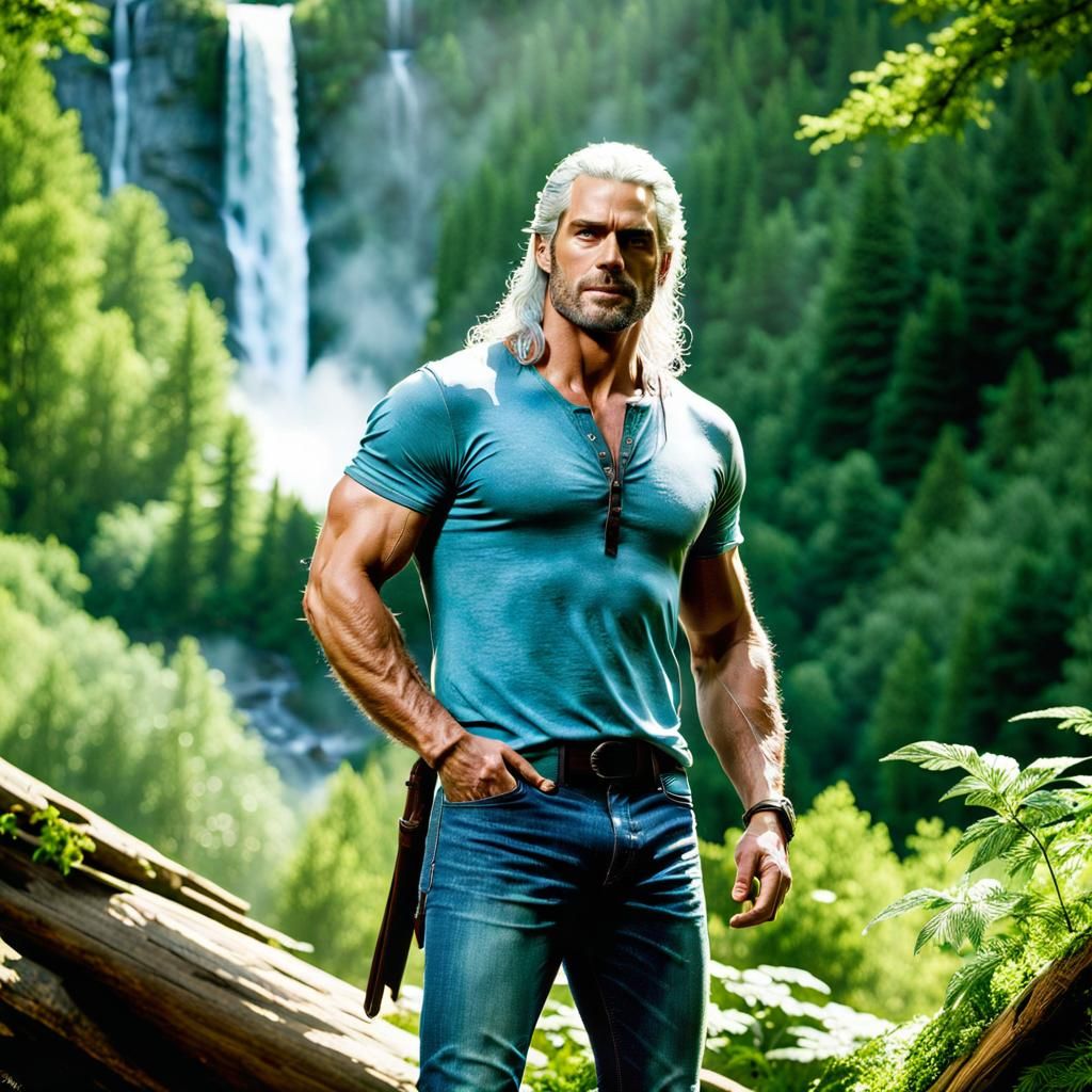 Muscular Man in Jeans with Sunlit Forest