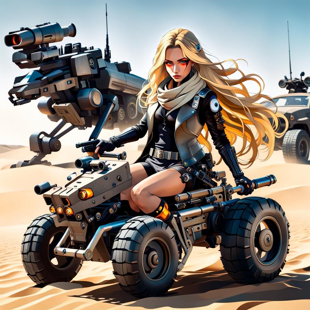 Cyberpunk Woman with Robotic Limbs in Wasteland