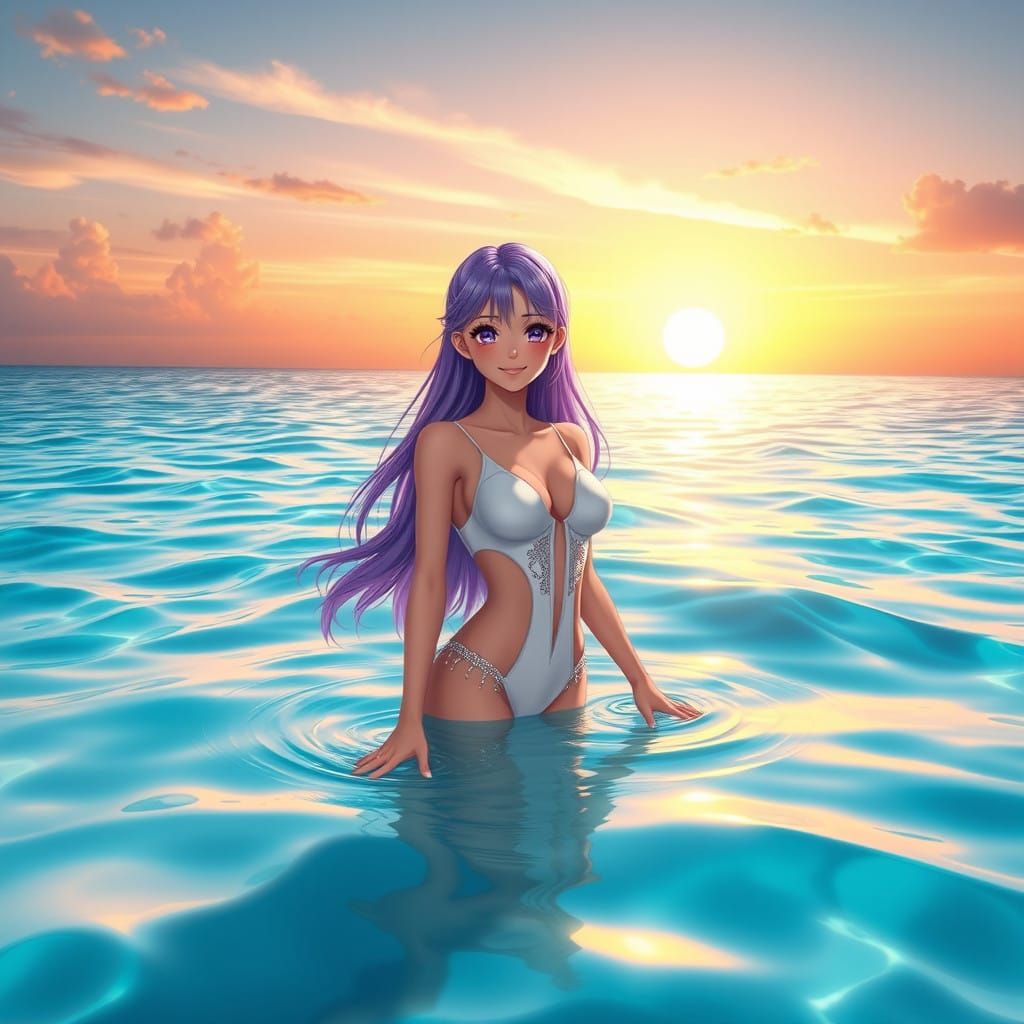 Violet-Haired Anime Girl Serenely Wades in Sunset Waters