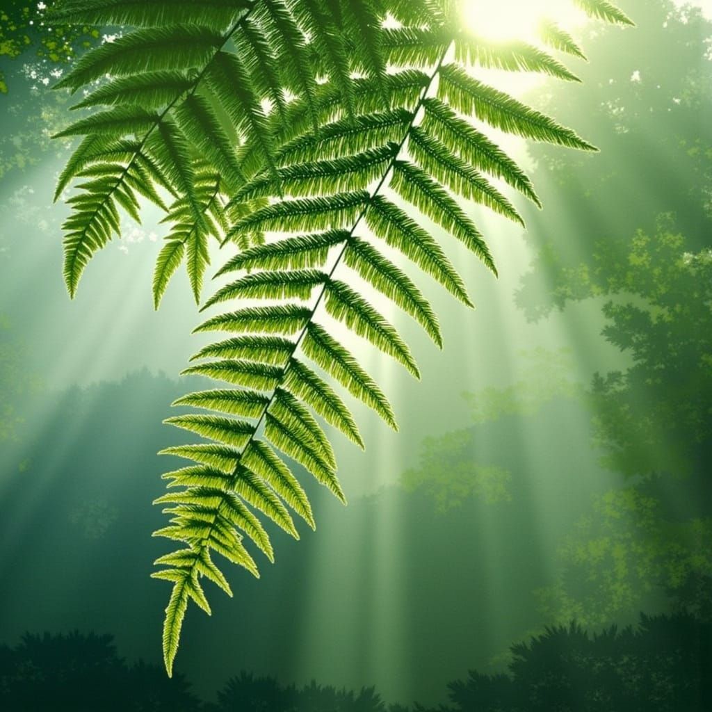 Sunlit Dewdrops on Ferns in Misty Forest