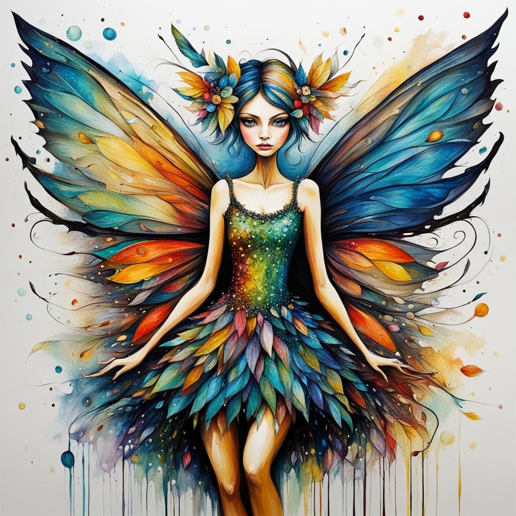 Large Pixie Fairy with Colorful Wings, Abstract Art