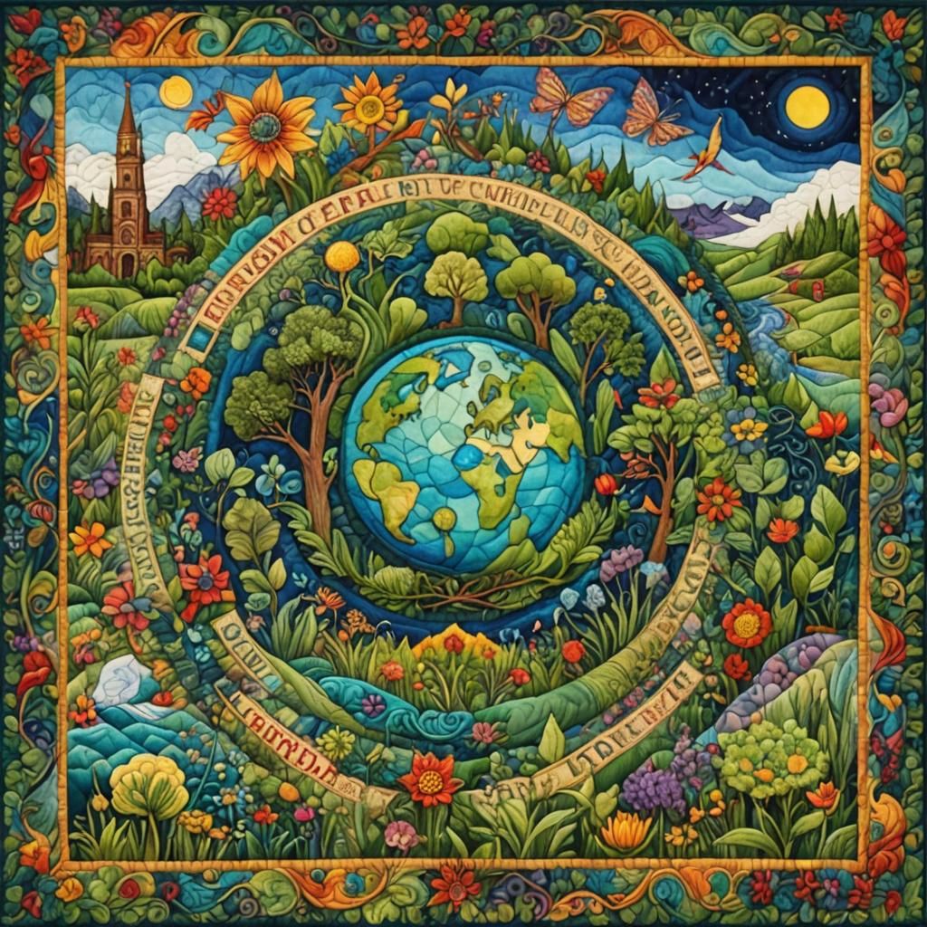 Earth Day Quilt: Intricate and Colorful Landscape