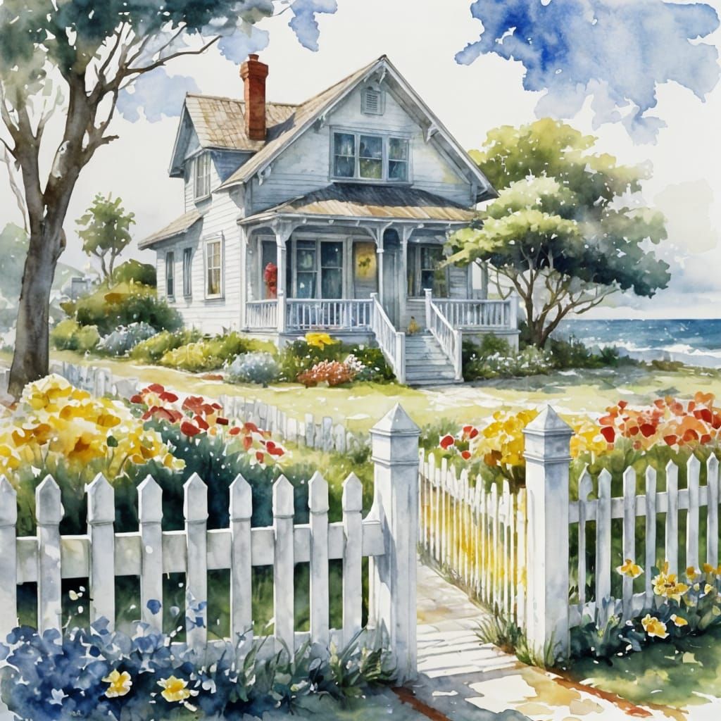 Watercolor Bungalow in a Tranquil Seaside Garden