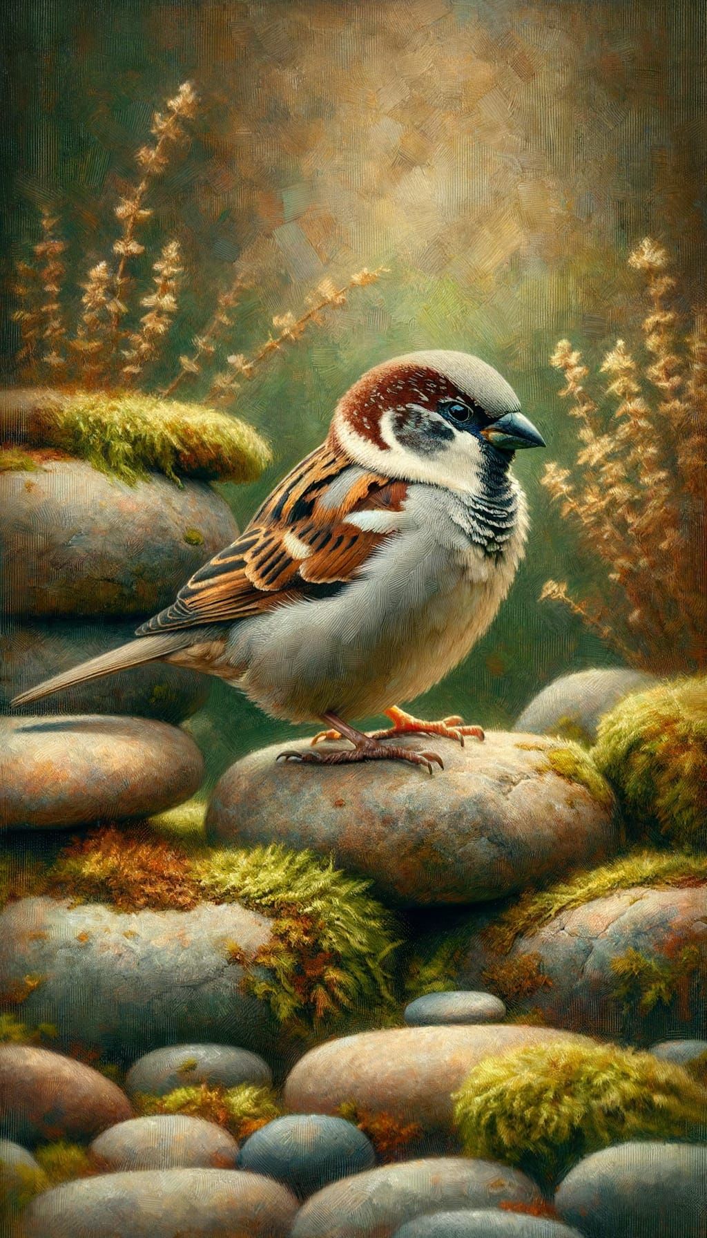 Oil Painting of House Sparrow in Spring Garden Rockery
