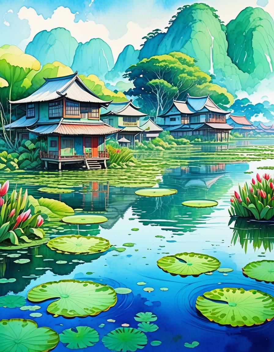Anime Asian Fishing Village on Lily Pads, Watercolor