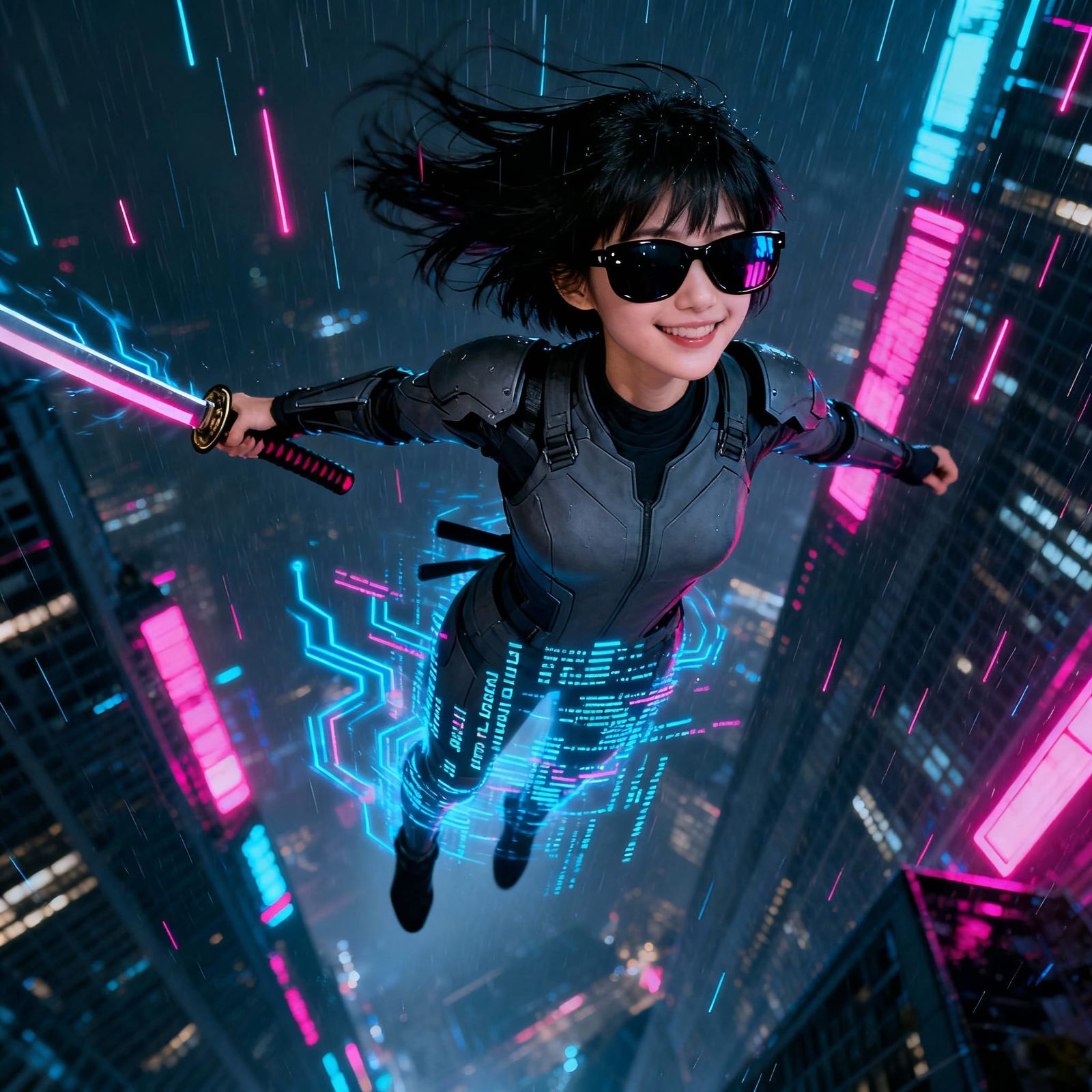 Samurai Girl Dematerializes in Neon Cyberpunk City