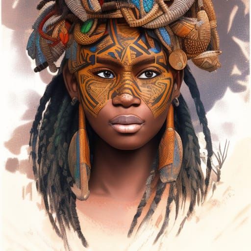 African Girl in Tribal Mask: Hyperdetailed Portrait