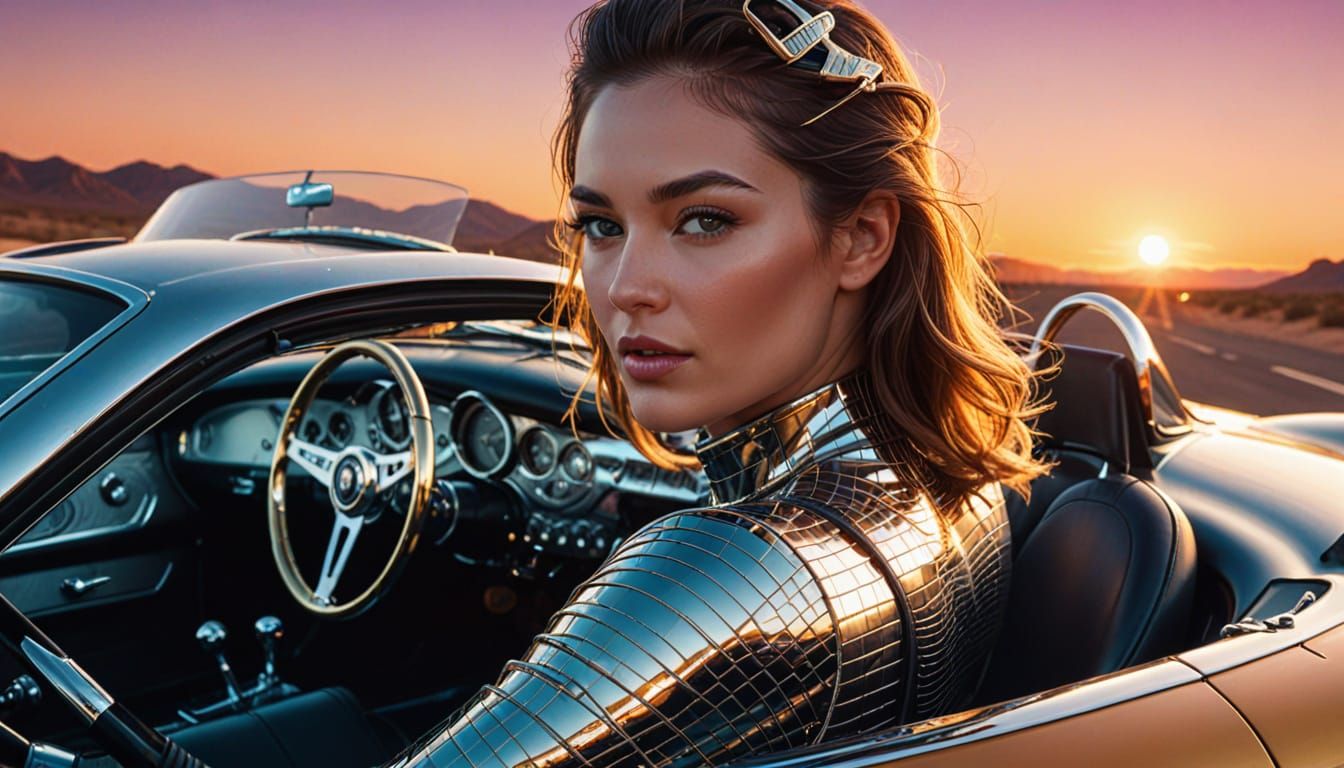 Android Woman Driving Shelby Cobra in Cyberpunk Style