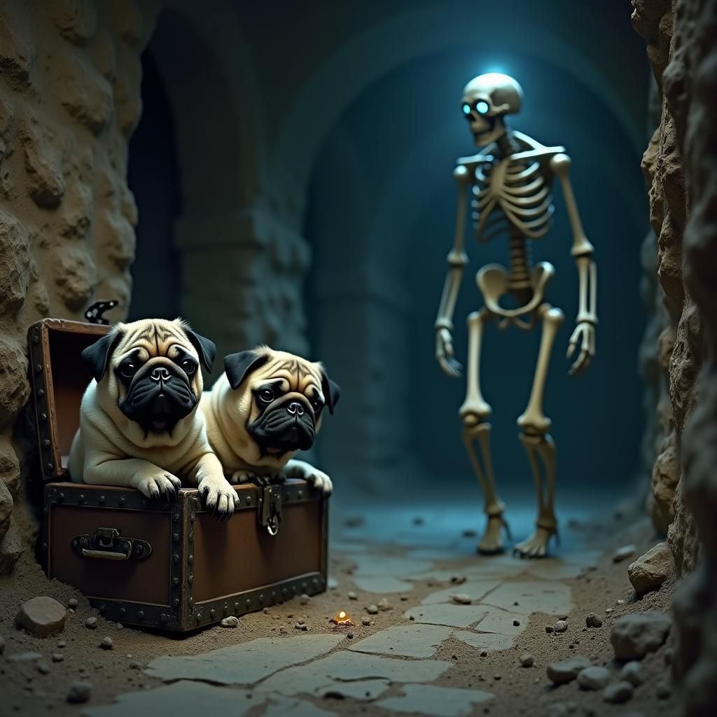 Pugs Hide From Skeleton in Dark Dungeon