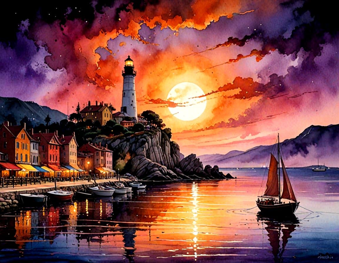 Dreamlike Riviera Harbor at Sunset with Steampunk Sky