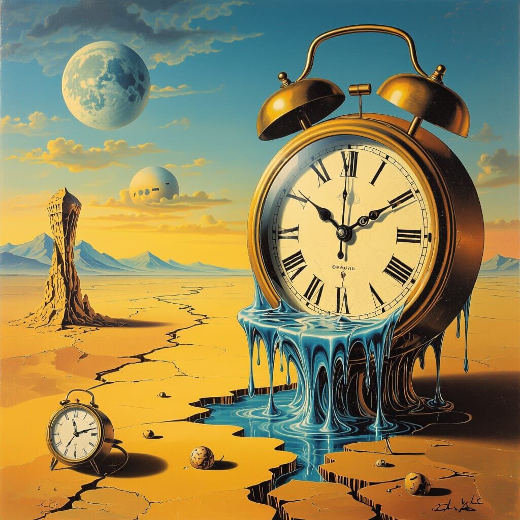 Surreal Landscape with Melting Clocks in Dreamlike Style