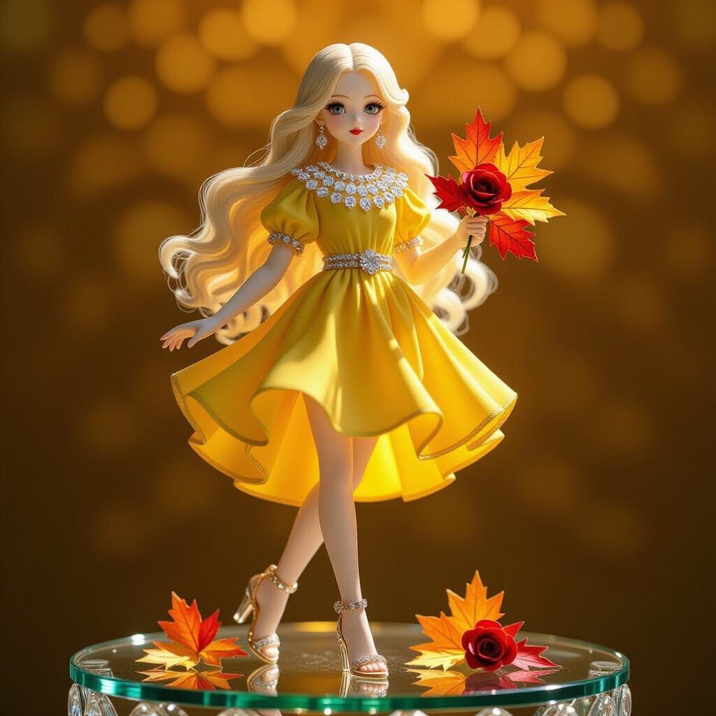 Crystal Girl Statuette with Autumn Leaves in Art Nouveau Sty...