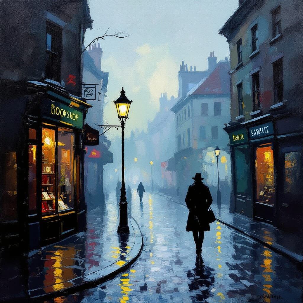 Foggy Dusk Cobbled Street in Impressionistic Oil