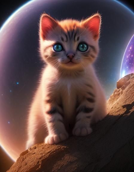 Hyperrealistic Kitten with Shining Eyes and Exotic Planet