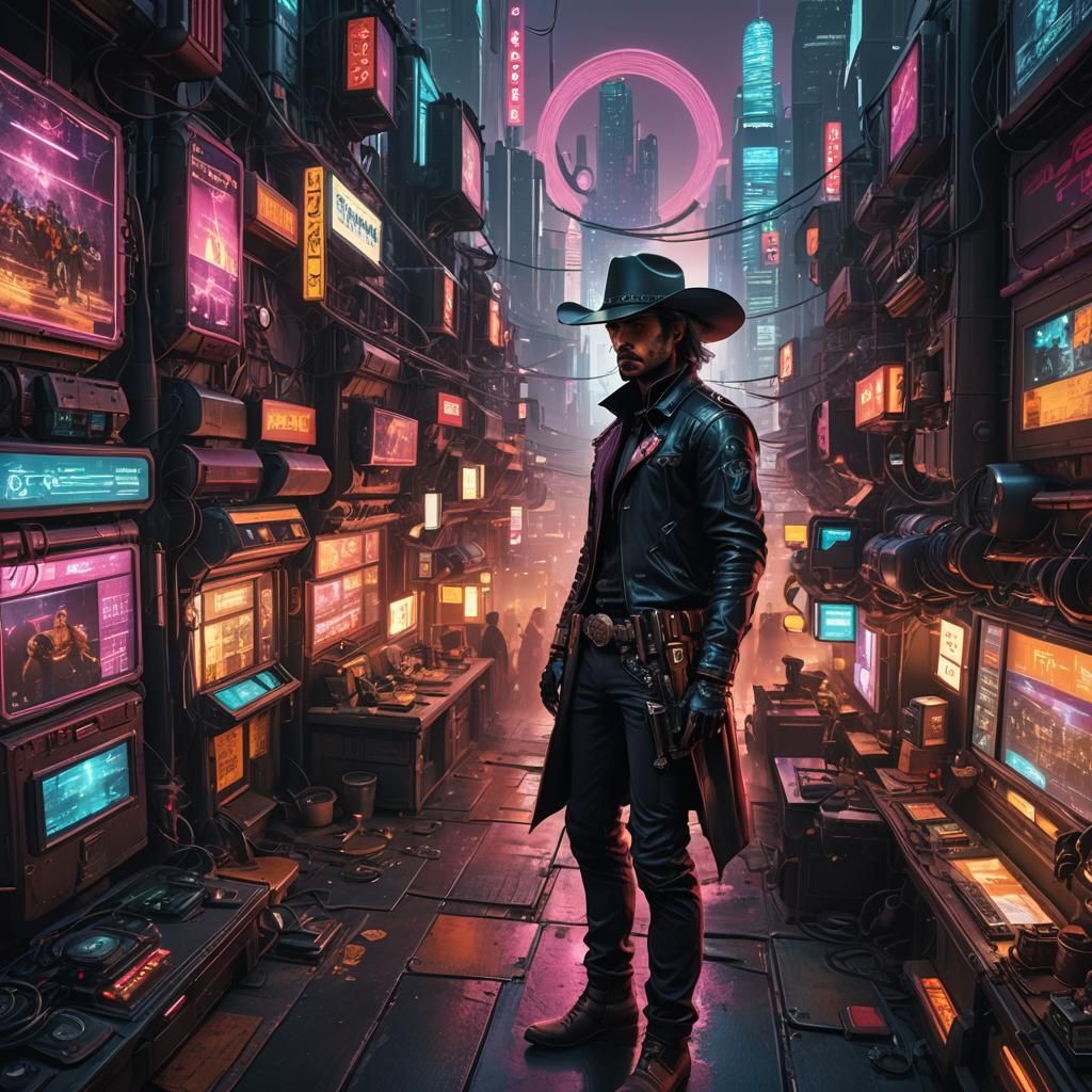 Cyberpunk Western Cityscape: Neo-Gothic Synthwave Art