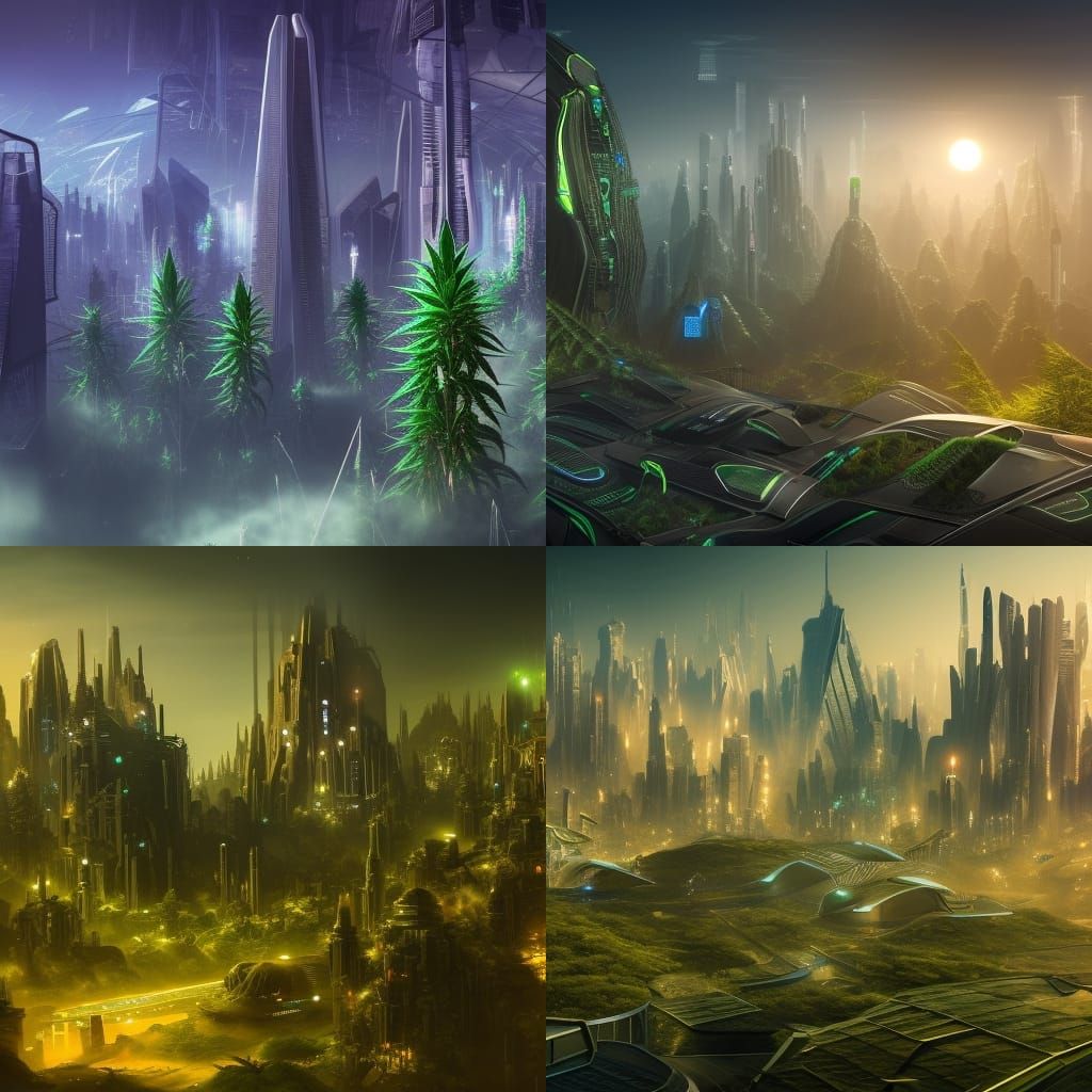 Futuristic City Made of Cannabis Leaves
