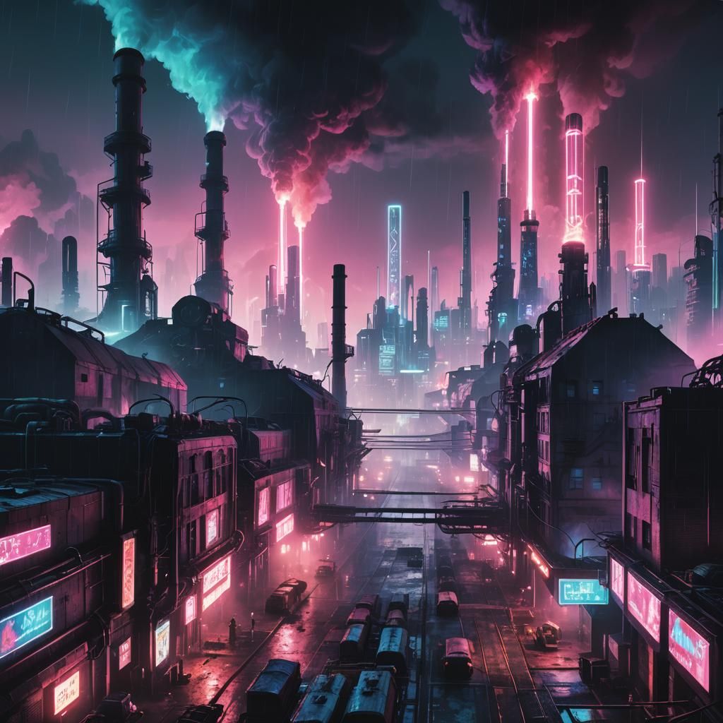 Cyberpunk War Factory in Neon Cityscape
