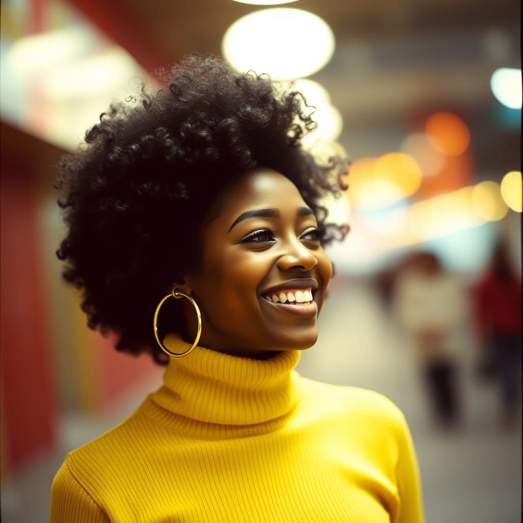 Happy Young Woman in Yellow Sweater and Flared Jeans