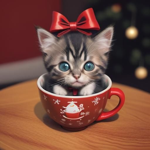 Adorable 3D Kitten in Christmas Cup