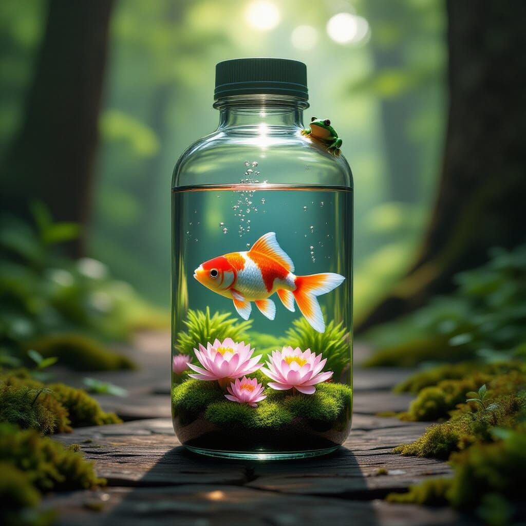 Miniature Ecosystem in Glass Bottle with Koi and Frog