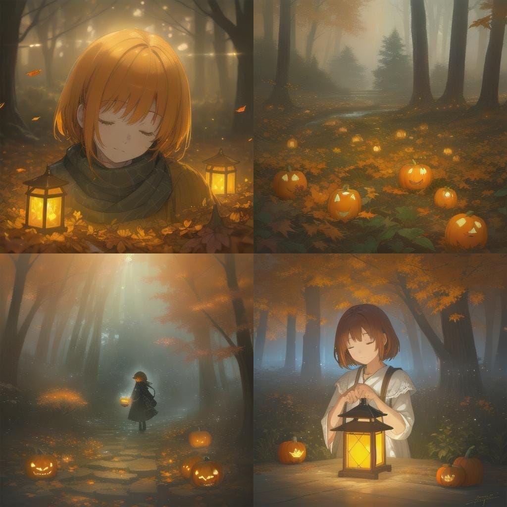 Girl Carving Pumpkin with Raccoon, Ethereal Fantasy Art