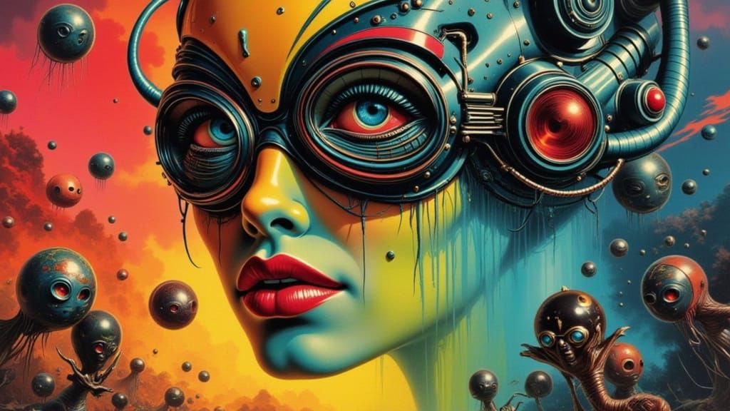 Alien Invasion Concept Art in Retro Polaroid Style