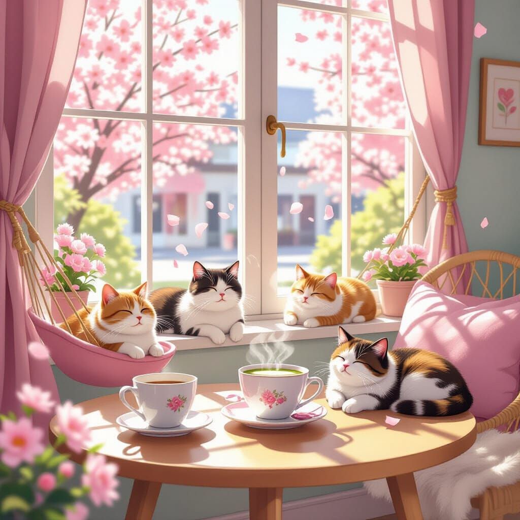 Sunlit Cat Café with Cherry Blossoms