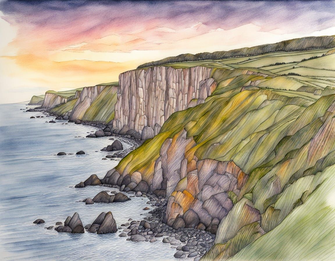 Cliffs in Sussex, England, Dusk Color Pencil Sketch