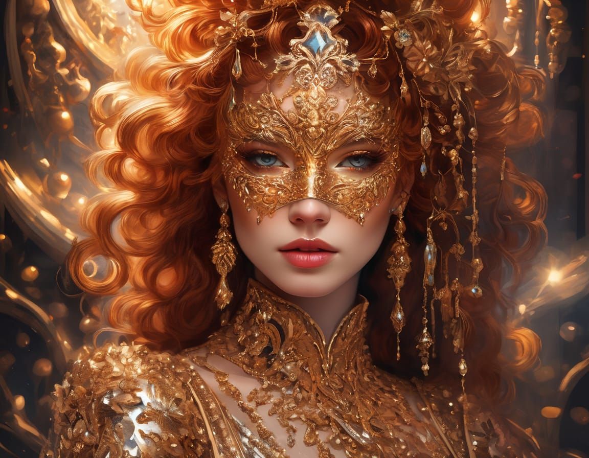 Baroque Beauty in Golden Gown and Filigree Mask