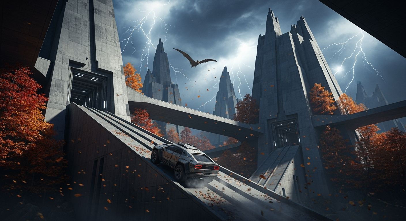 Futuristic Empire Bunker Amidst Autumn Storm