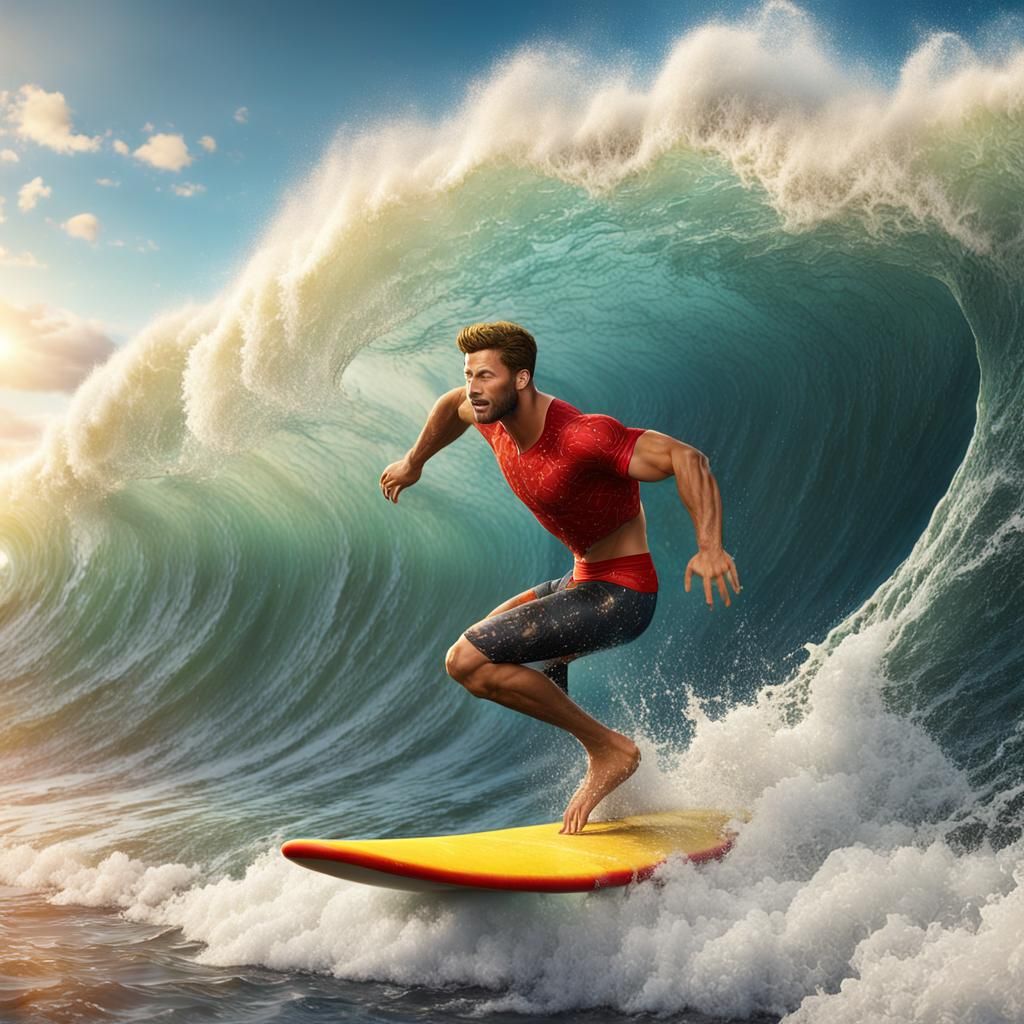 Surfer Rides a Huge Wave: Digital Art