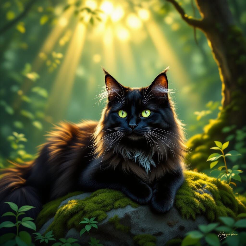 Golden Black Cat Basking in Sunlit Forest