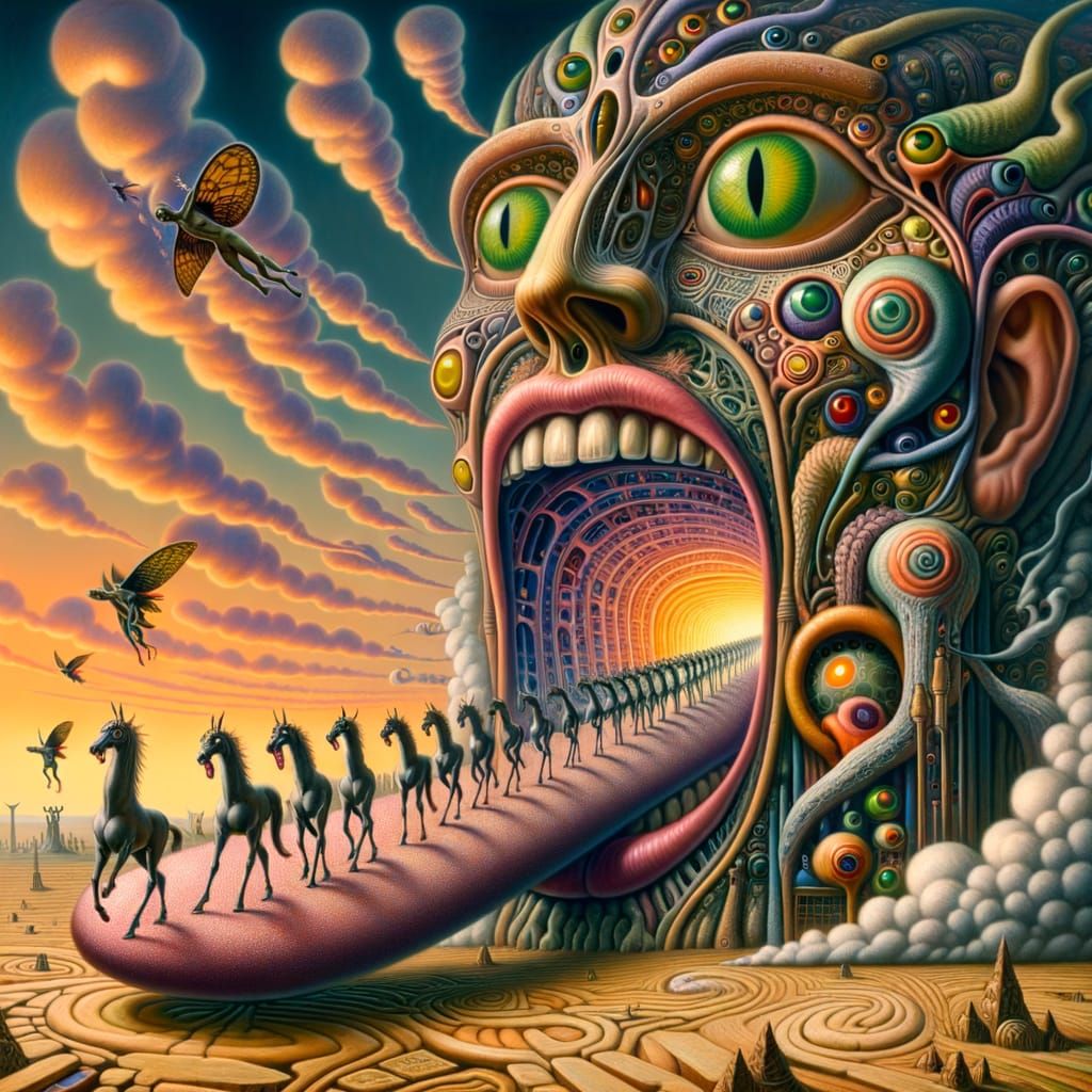 Surreal Landscape with a Mystical Portal Head